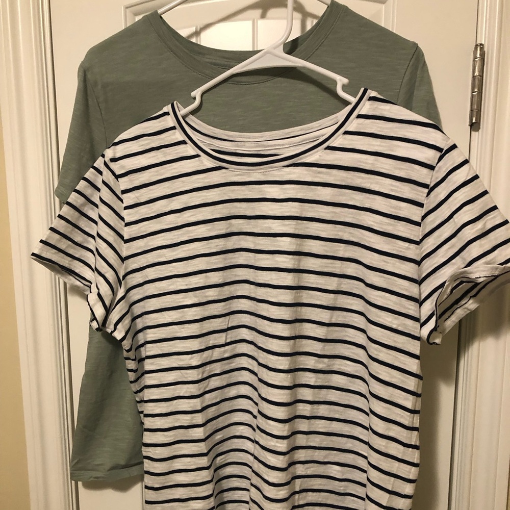 Navy and white stripe tee, light green tee